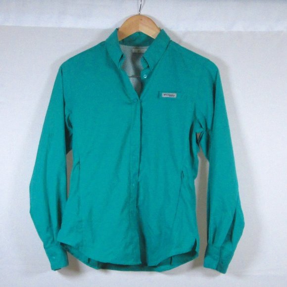 Columbia Tops - Columbia Womens PFG Sun Protection Green Pleated Long Sleeve Shirt Size …